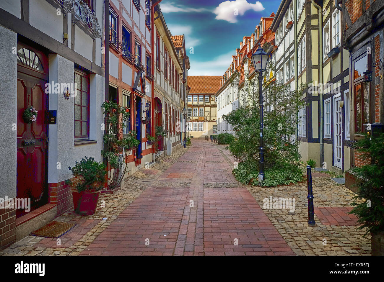 Historical city center and traditional houses of Hameln/Hamelin, Germany during sunny weather Stock Photo