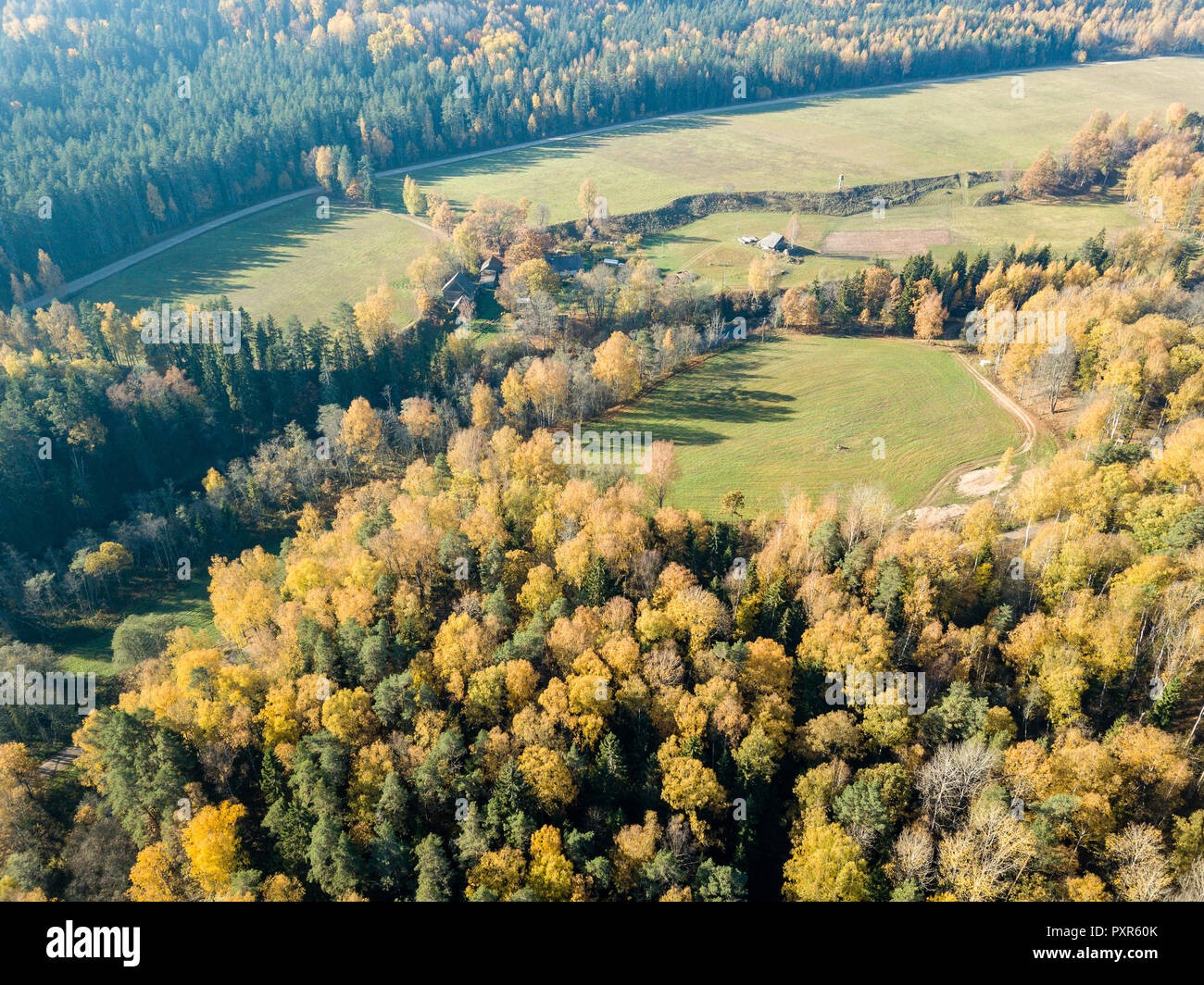drone image. aerial view of rural area with fields and forests in ...