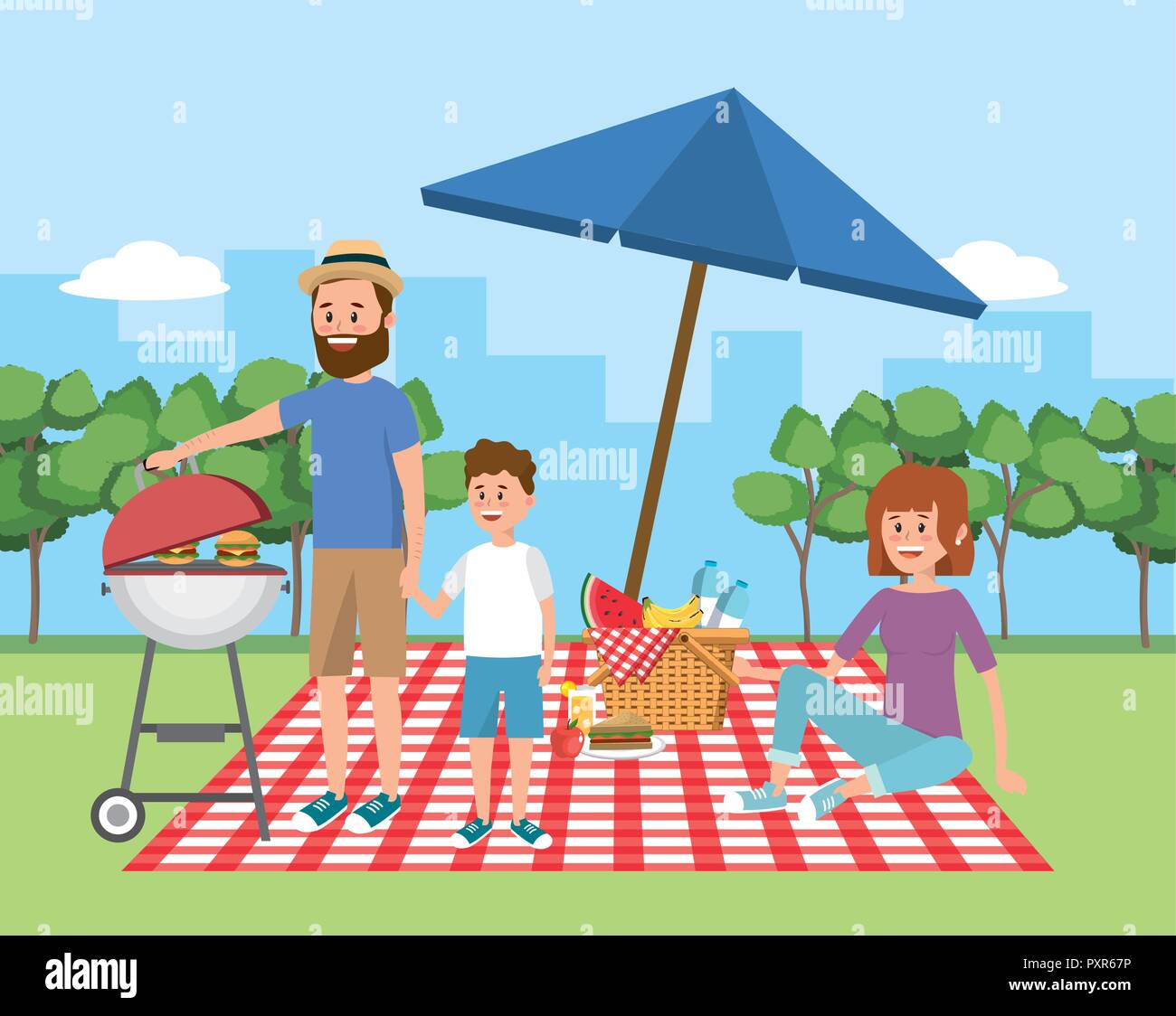 family picnic with umbrella and basket with fruit Stock Vector Image
