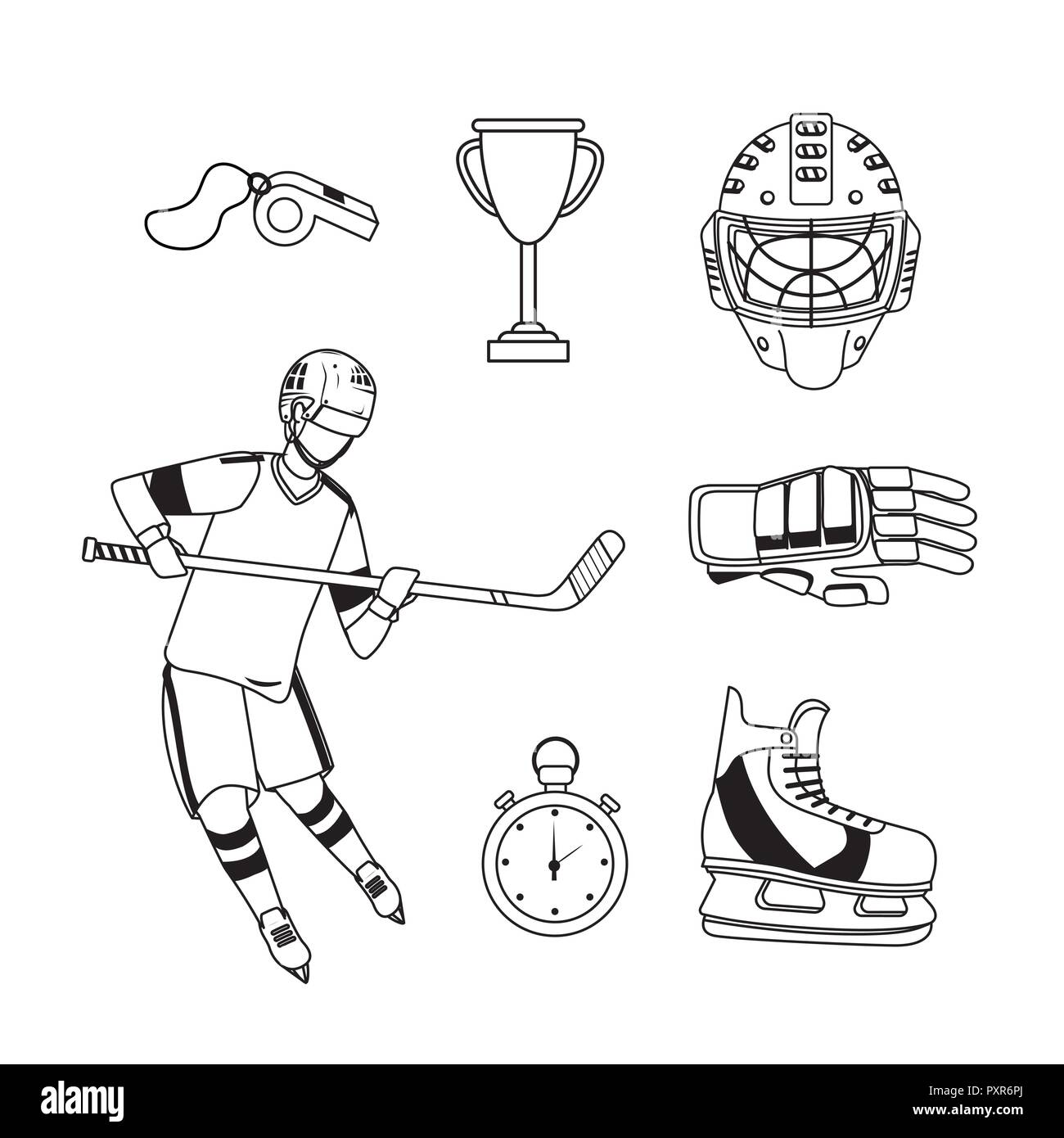 set professional hockey equipment and player with uniform Stock Vector