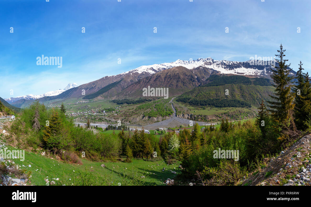 Georgia, Ushguli, Caucasus with Ushba mountain in background Stock Photo