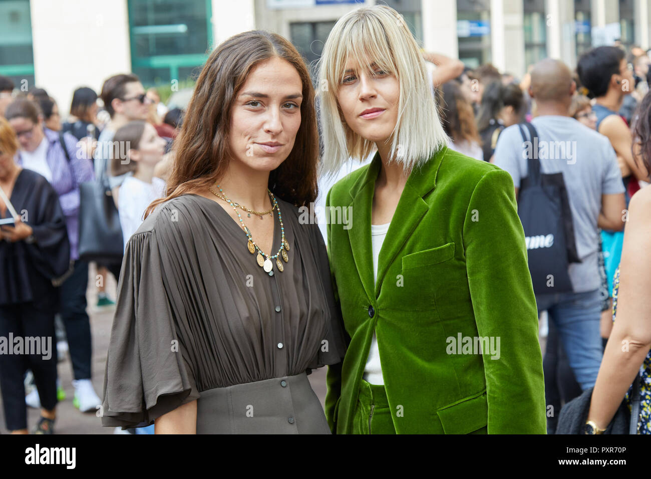 MILAN, ITALY - SEPTEMBER 22, 2018: Erika Boldrin and Linda Tol before Salvatore Ferragamo fashion show, Milan Fashion Week street style Stock Photo