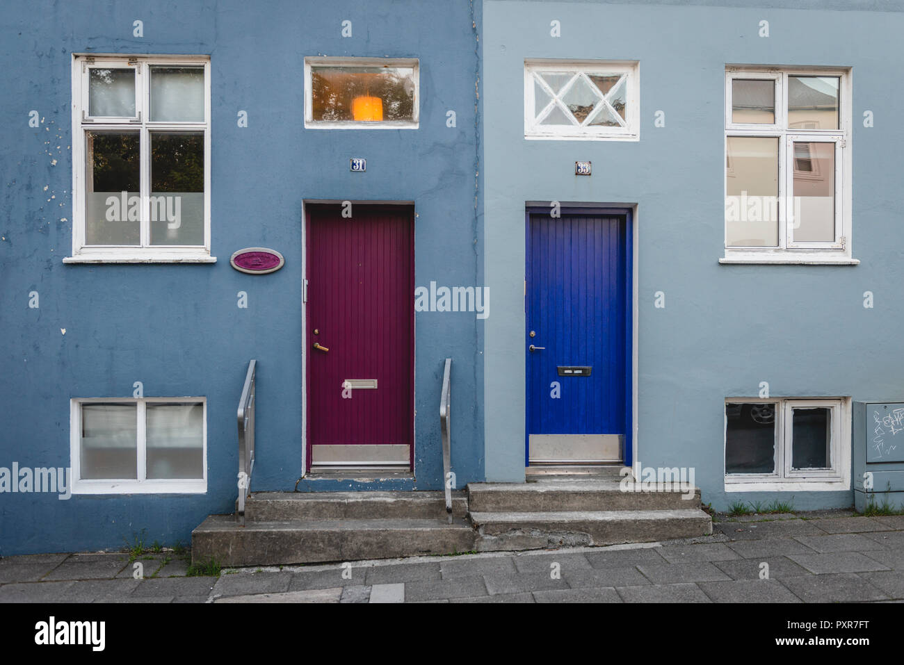 Iceland, Reykjavík, house facade, colorful doors Stock Photo