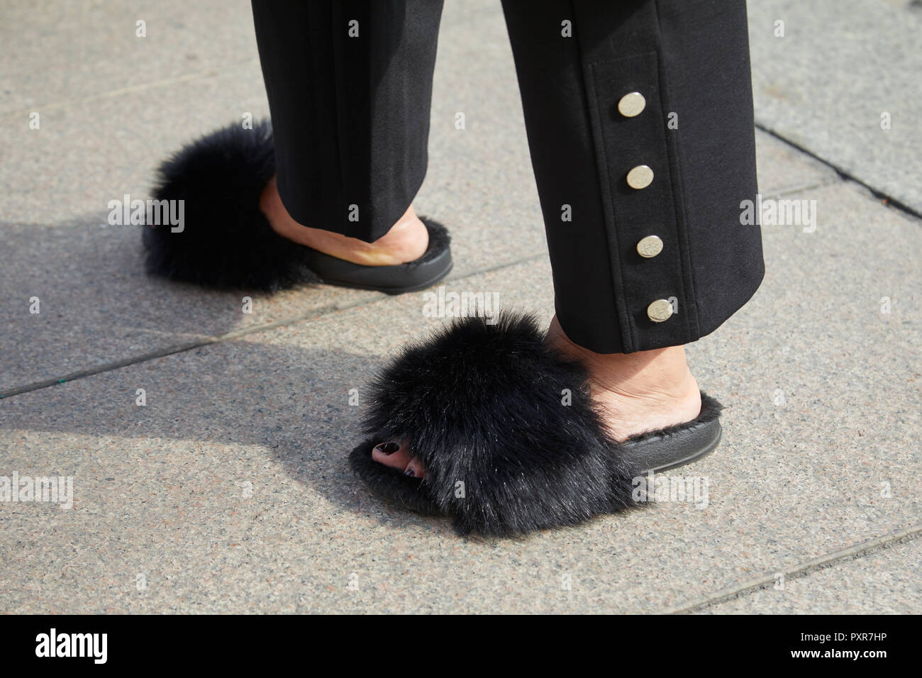 black fur slippers
