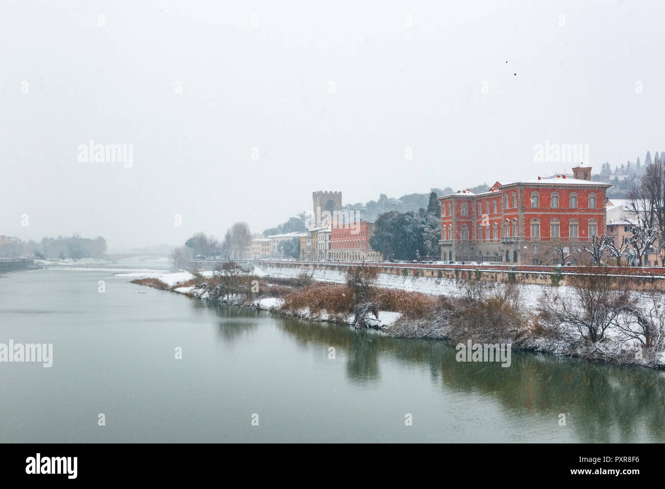 Italy, Florence, view to Arno river on a snowy day Stock Photo