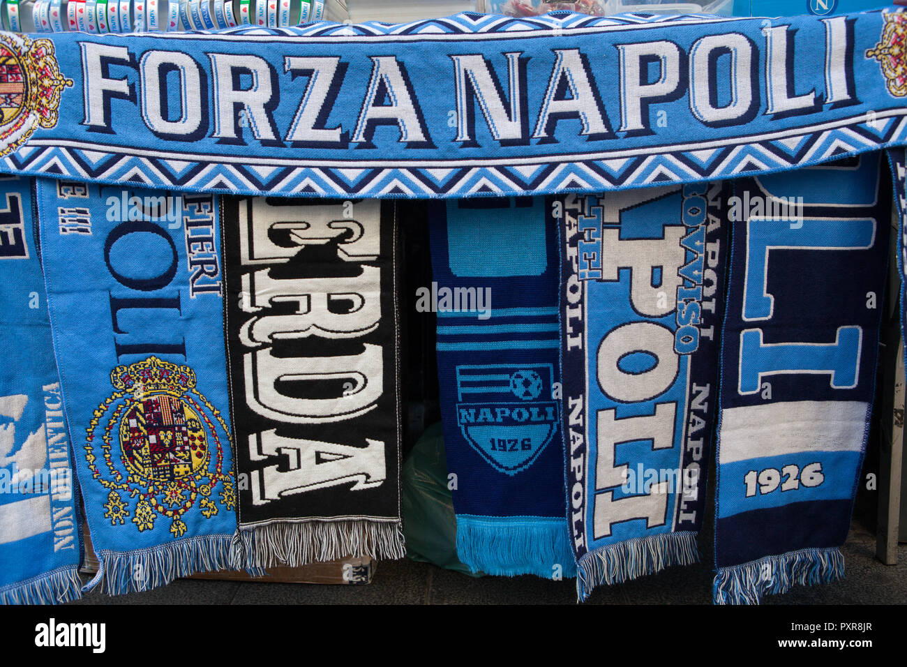 Napoli football club scarves for sale from a stall in Central Naples Stock Photo