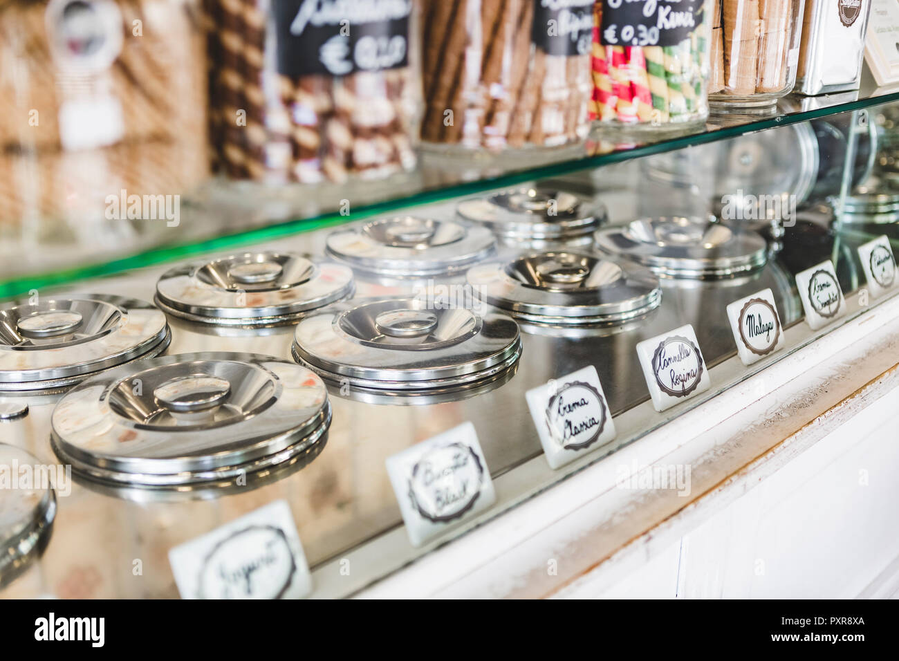 Assortment of ice cream flavors at an ice cream parlour Stock Photo
