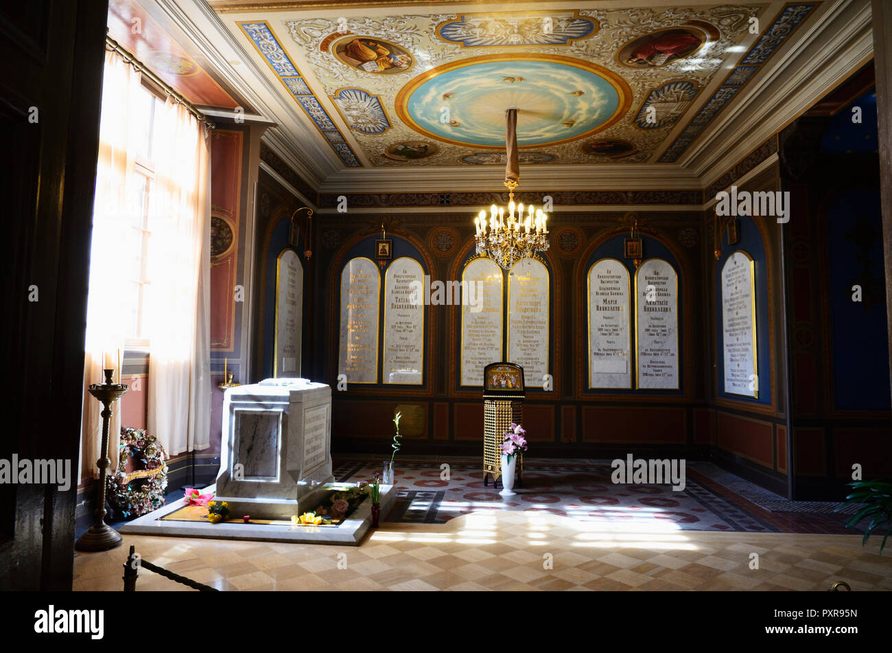 Tombstones marking the burial of Tsar Nicholas II and his family in St. Catherine's Chapel. Saints Peter and Paul Cathedral, Peter and Paul Fortress.  Stock Photo