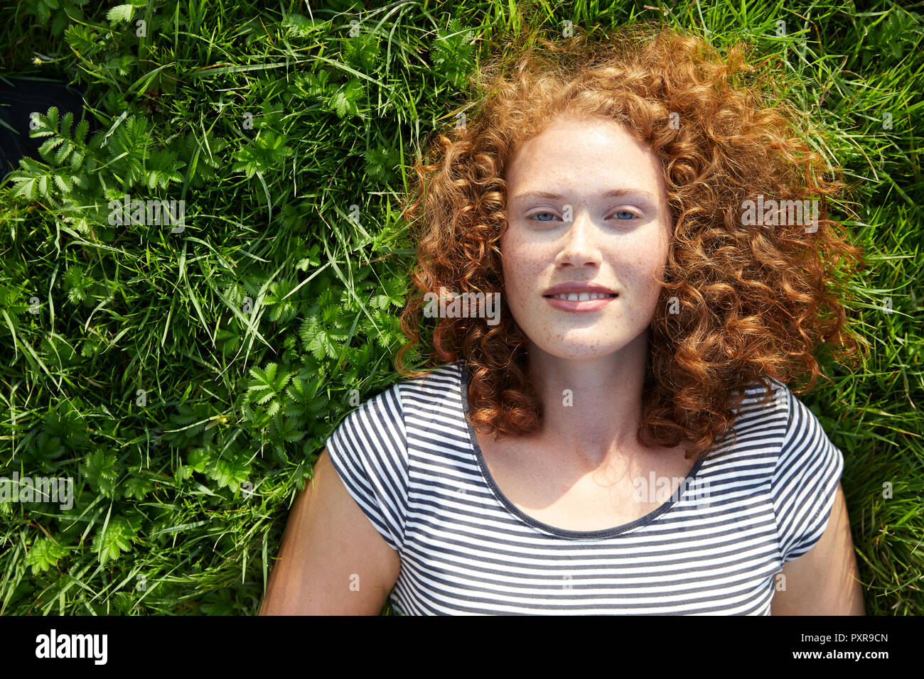 Portrait of smiling young woman lying on a meadow Stock Photo