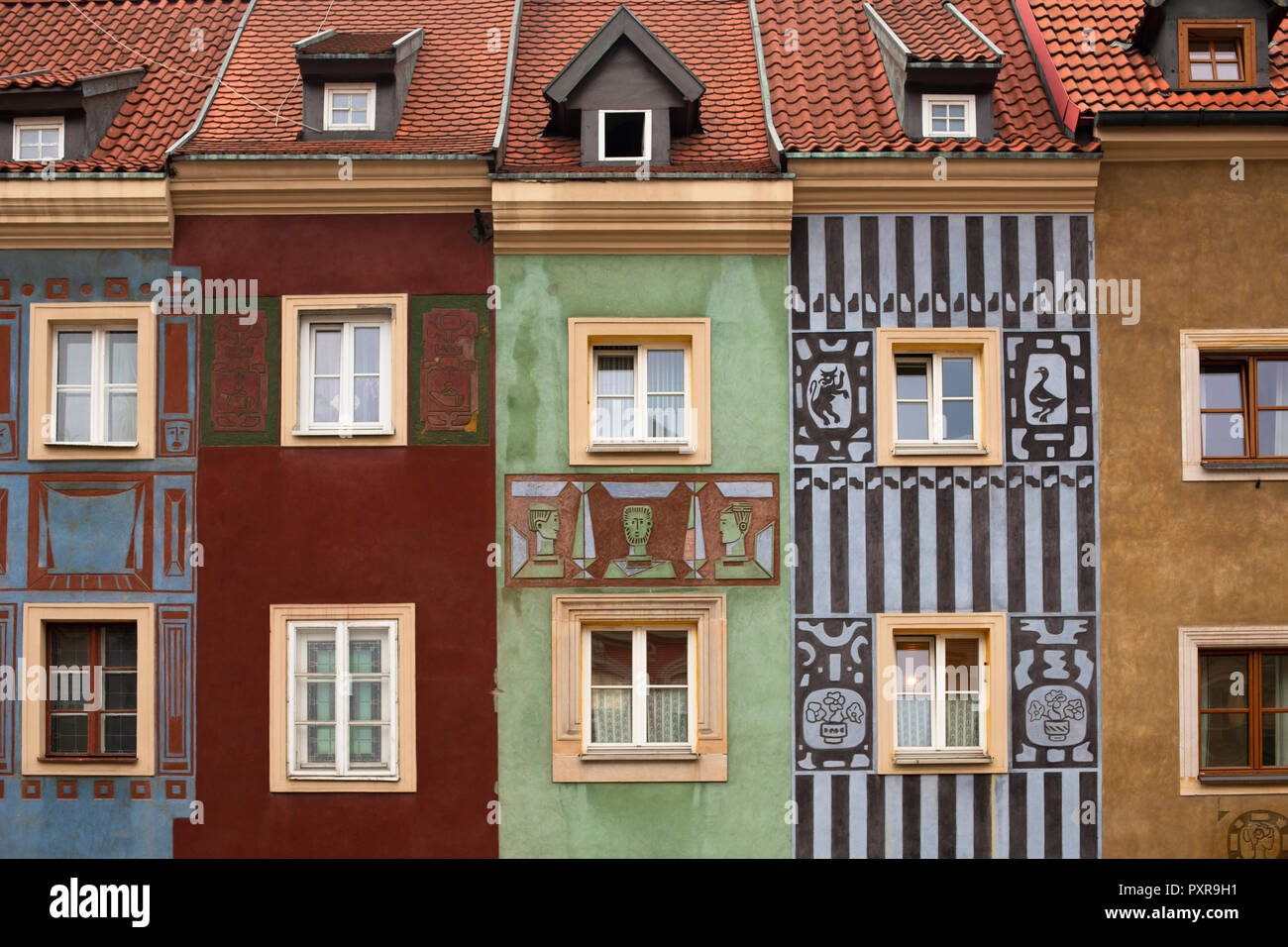 Poland, Poznan, row of colourful houses in the old town, partial view Stock Photo