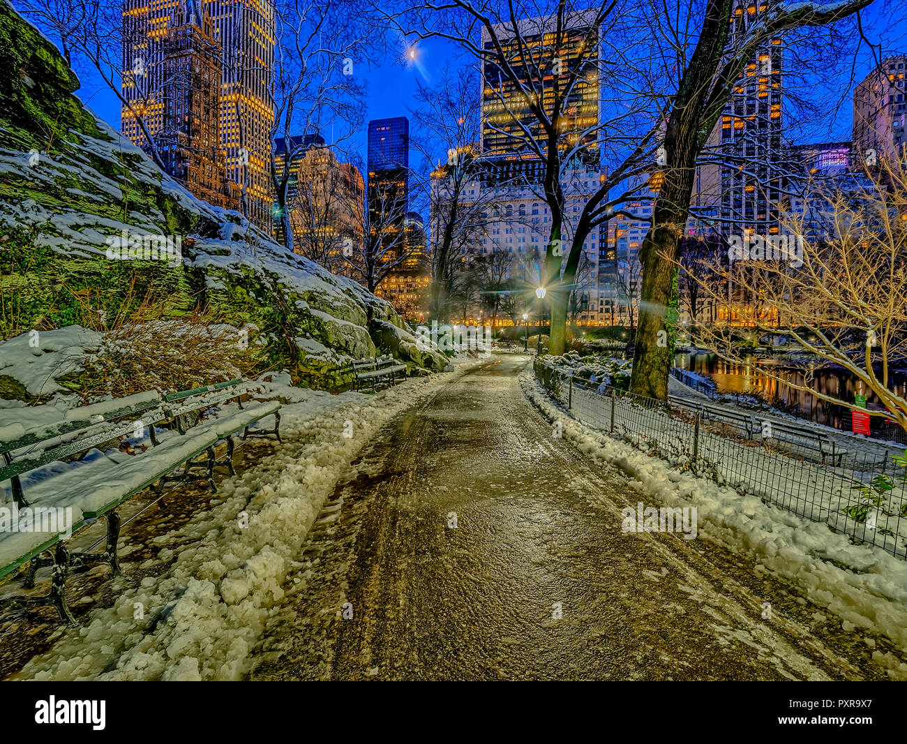 Central Park after snow storm at night Stock Photo - Alamy