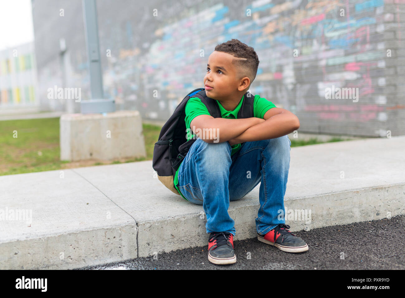 cheerful african american primary school boy with backpack Stock Photo ...