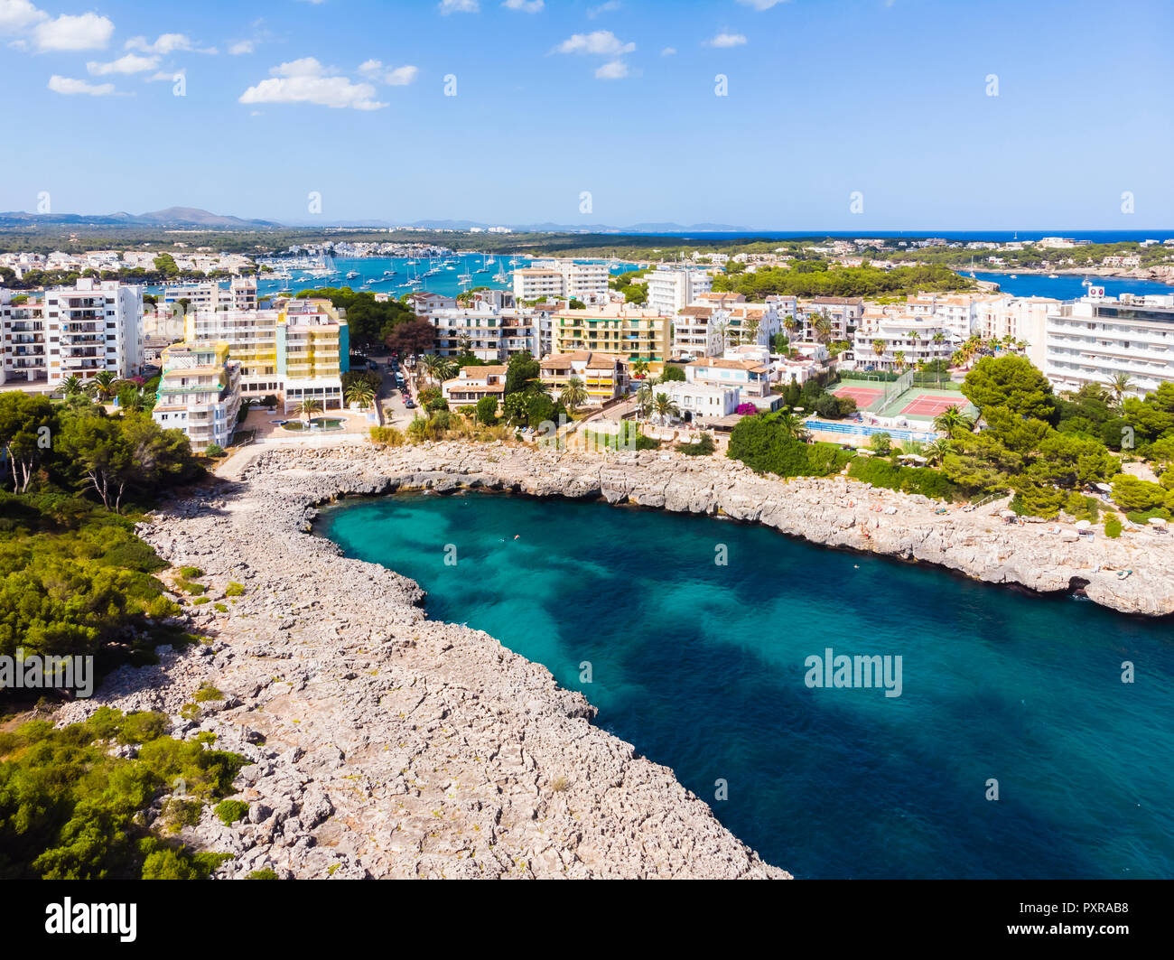 Spain, Mallorca, Portocolom, Aerial view of Punta des Jonc, Bay of Cala Marcal, Hotels Stock Photo