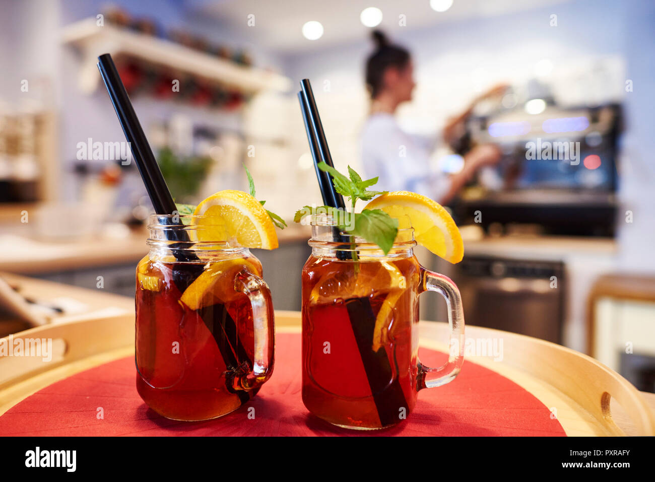Two glasses of ice tea on a tray Stock Photo