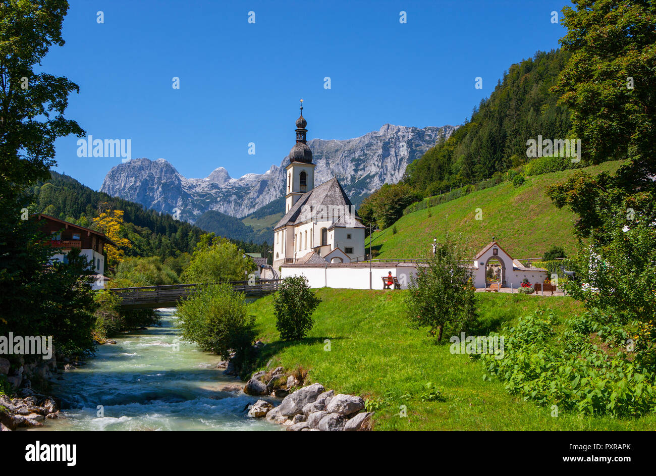 Germany, Upper Bavaria, Berchtesgadener Land, Ramsau, View to St Sebastian's Church Stock Photo