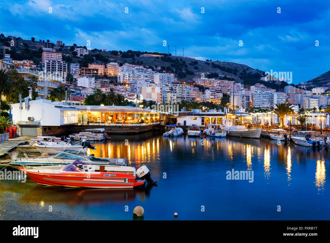 Albania, Vlore County, Saranda, Fishing harbour in the evening Stock Photo