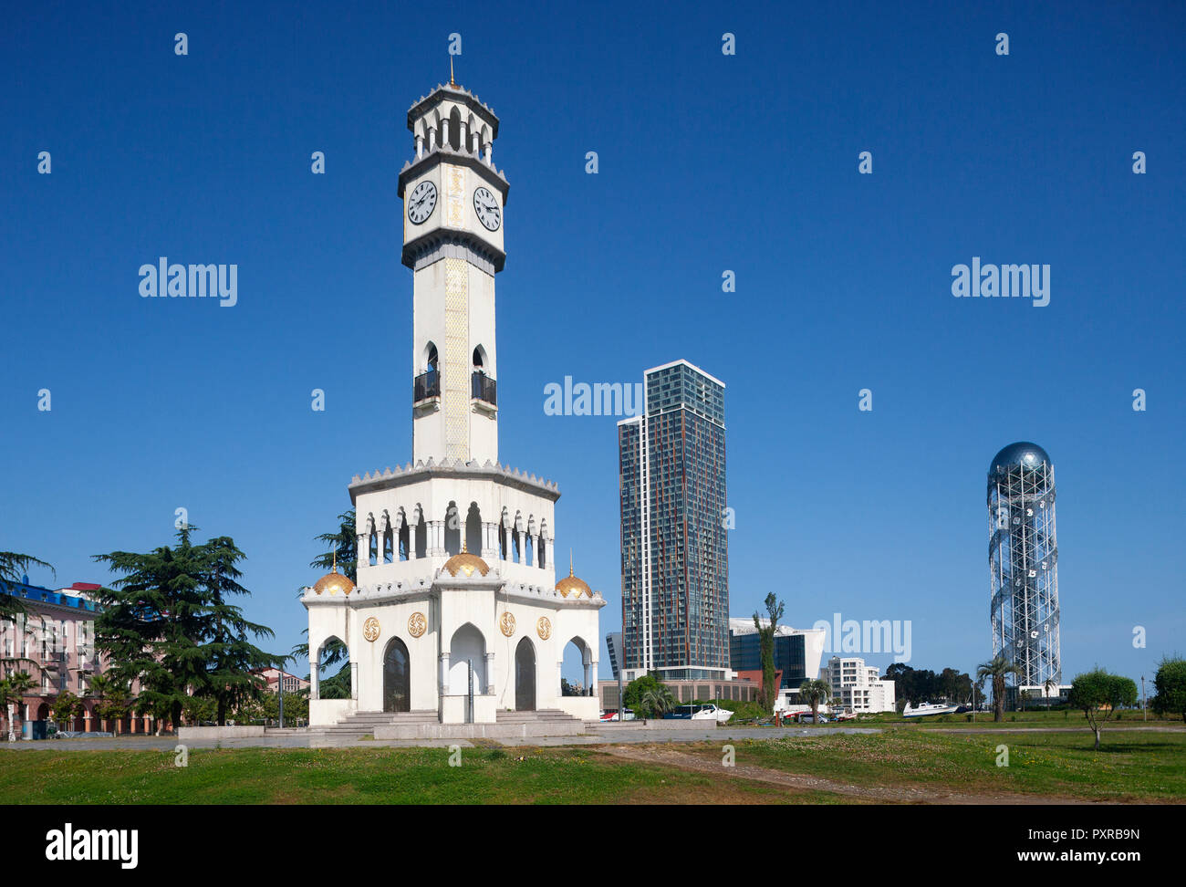 Georgia, Adjara, Batumi, Miracle Park, Chacha Clock Tower Stock Photo