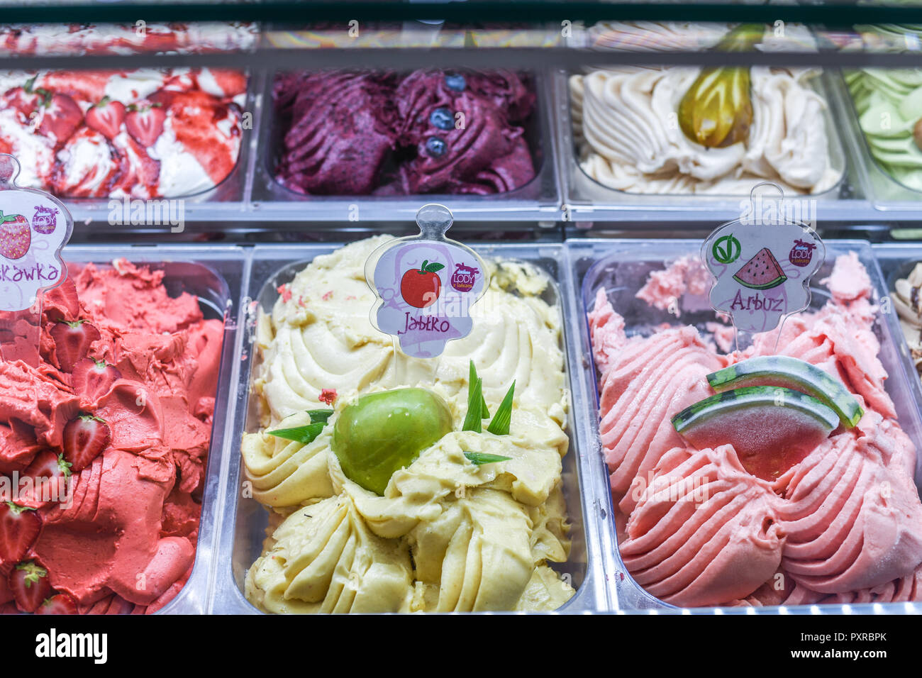 Polish Ice cream (Lodi) in different flavors in Krakow Poland Stock