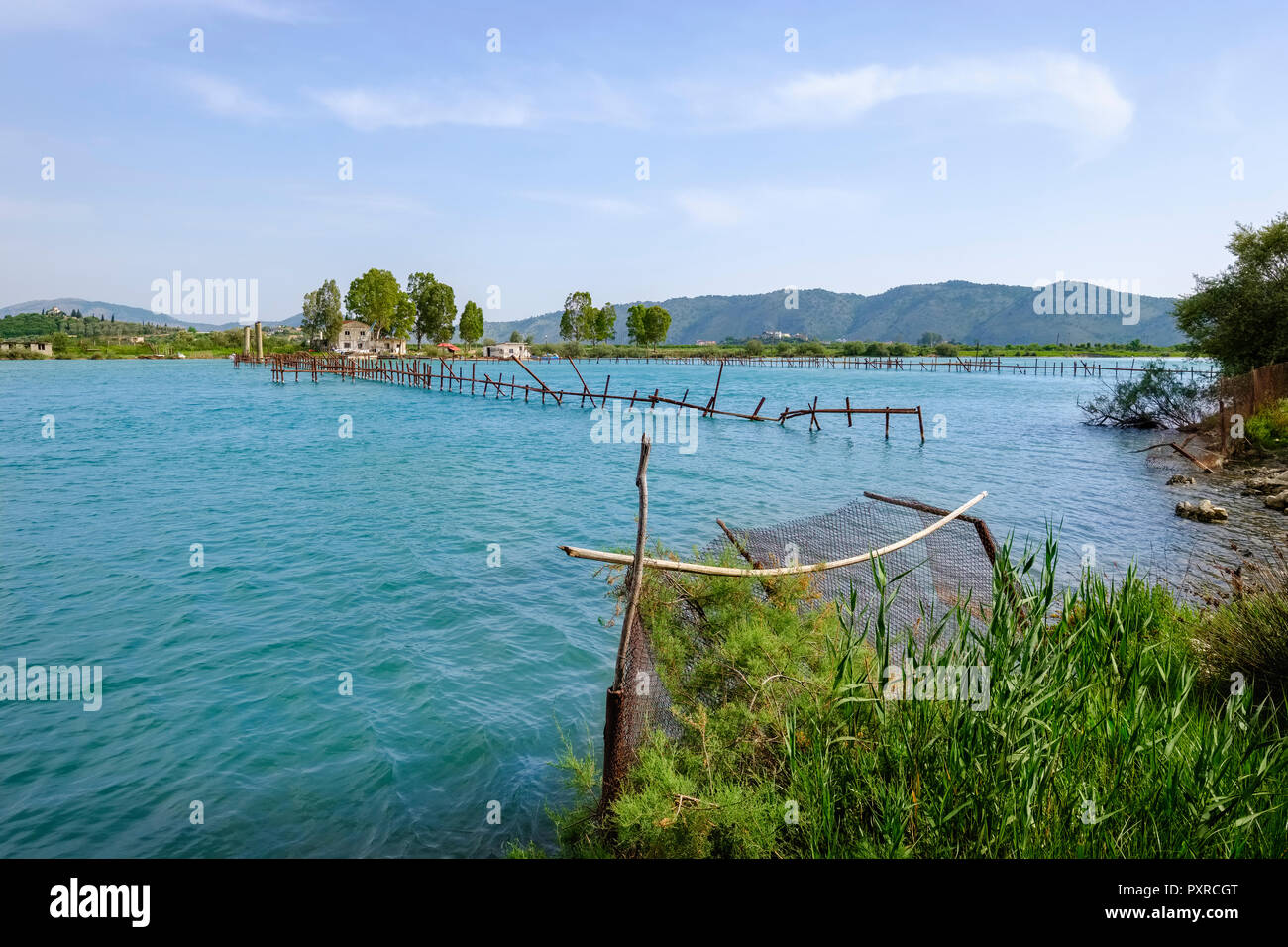 Albania, Vlore County, near Saranda, Butrint, Butrint National Park, fish traps in Vivar canal Stock Photo