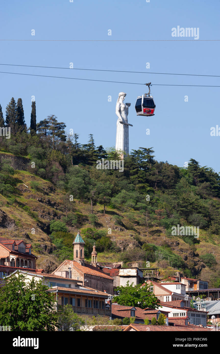 Georgia, Tbilisi, Cable car with Kartlis Deda monument Stock Photo