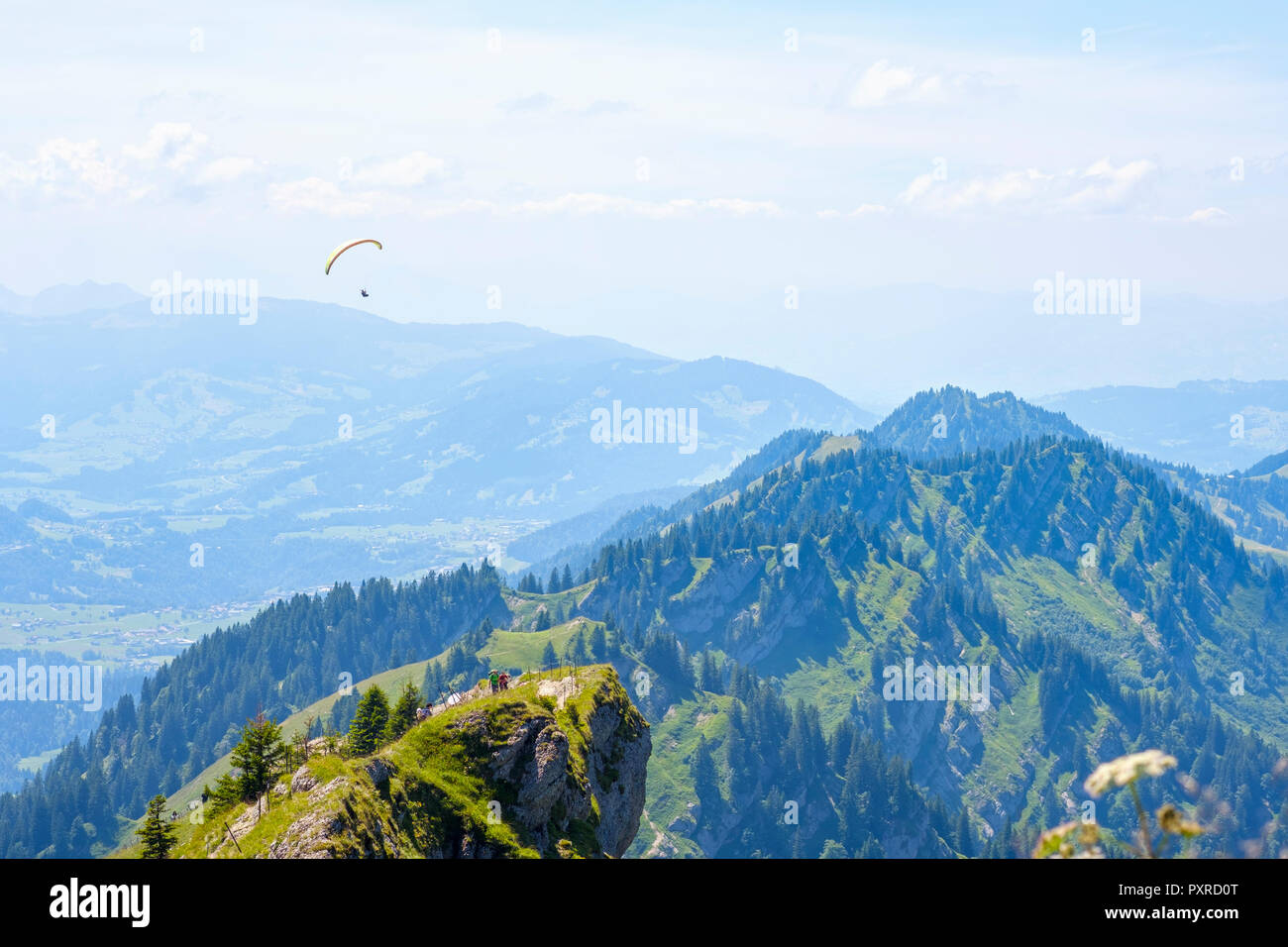 Germany, Bavaria, Allgaeu, Oberallgaeu, Oberstaufen, Allgaeu Alps, View from Hochgrat, Nagelfluhkette, paraglider Stock Photo