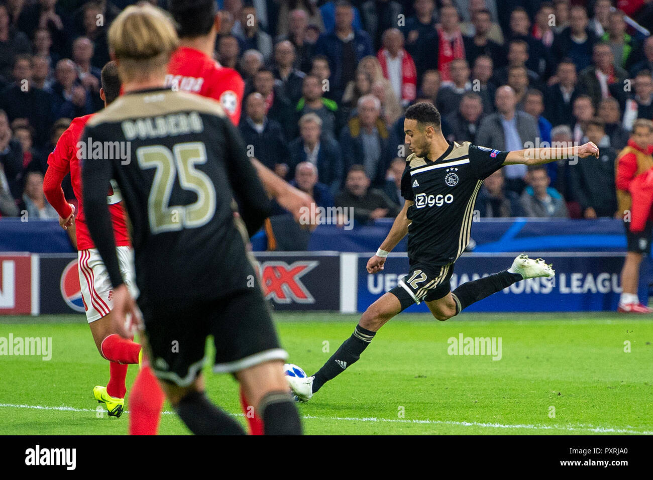 Amsterdam, Netherlands. 23rd October, 2018. 23-10-2018: Voetbal: Ajax v  Benfica: Amsterdam Champions League 2018-2019 Noussair Mazraoui of Ajax  scores in extra time Credit: Orange Pictures/Alamy Live News Stock Photo -  Alamy