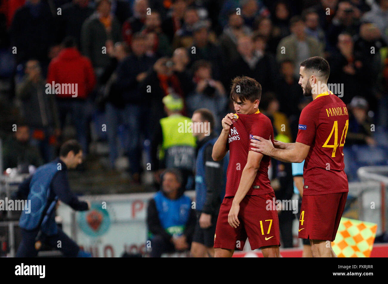 Rome, Italy, 23rd October, 2018. Roma's Cengiz Under, left, celebrates with his teammate Kostas Manolas after scoring during the Champions League Group G soccer match between Roma and CSKA Moscow at the Olympic Stadium. Roma won 3-0. © Riccardo De Luca UPDATE IMAGES/ Alamy Live News Stock Photo