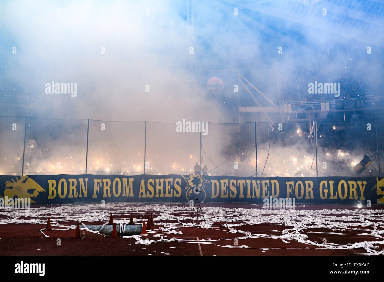 Athens, Griechenland. 23rd Oct, 2018. Fans of AEK Athens end pyrotechnics.  GES/Football/UEFA Champions League: AEK Athens - FC Bayern Munich,  23.10.2018 Football/Soccer: UEFA Champions League: AEK Athens vs. FC Bayern  Munich, Athens,