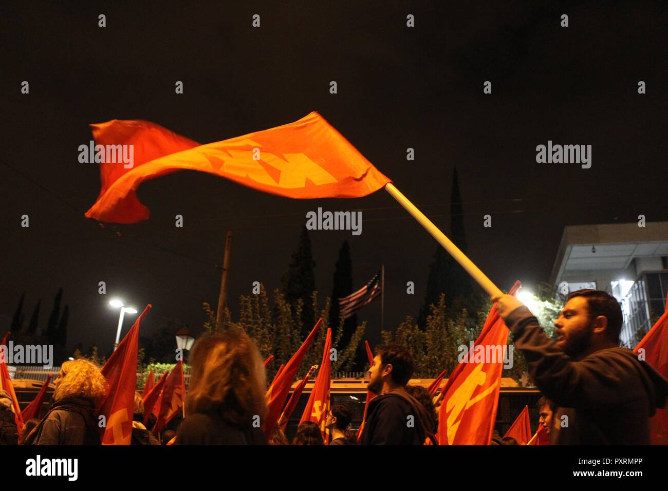 Athens, Greece. 23rd Oct, 2018. Protesters chant slogan outside of US ...