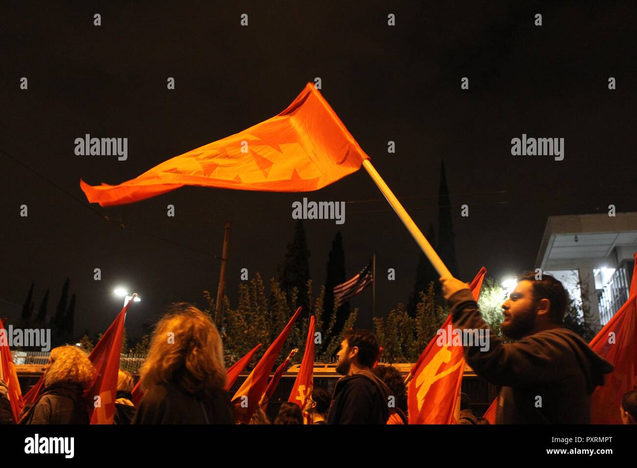 Athens, Greece. 23rd Oct, 2018. Protesters chant slogan outside of US ...