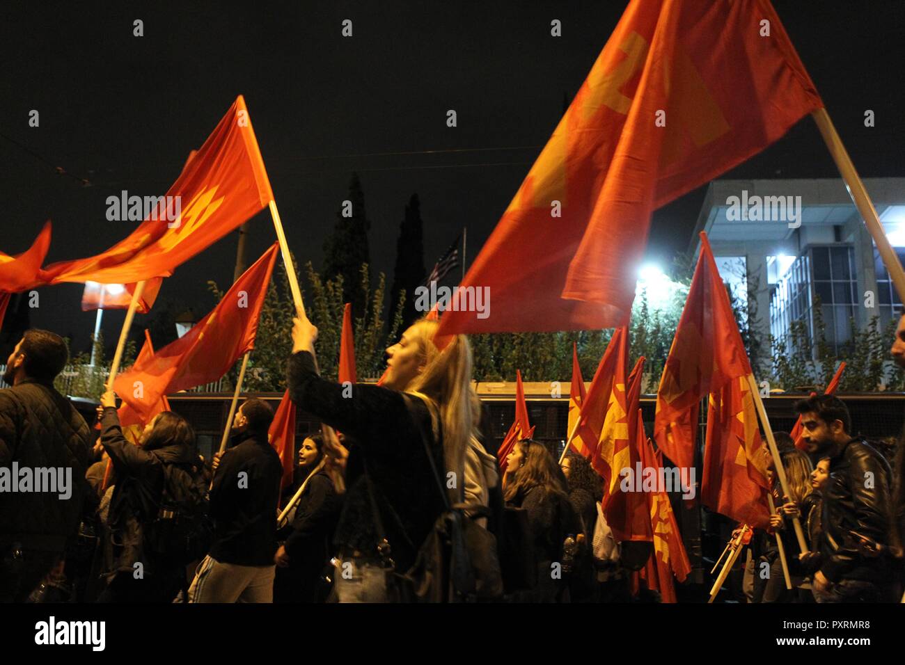 Athens, Greece. 23rd Oct, 2018. Protesters chant slogan outside of US ...