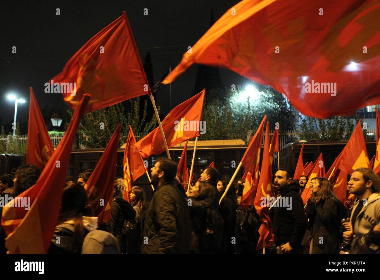 Athens, Greece. 23rd Oct, 2018. Protesters chant slogan outside of US ...