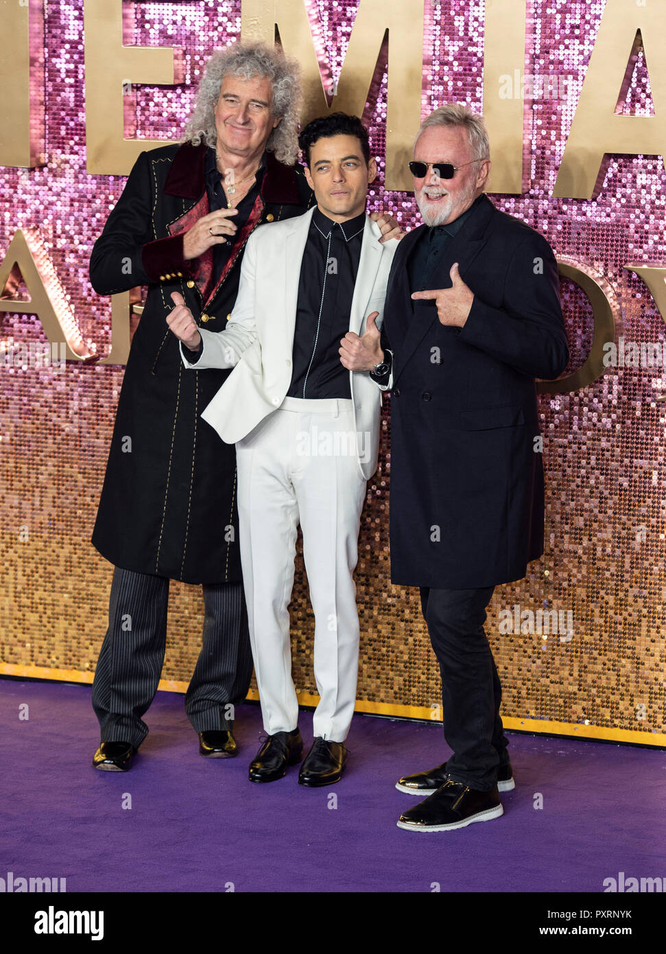 London, UK. 23rd October, 2018. Brian May, Rami Malek and Roger Taylor ...