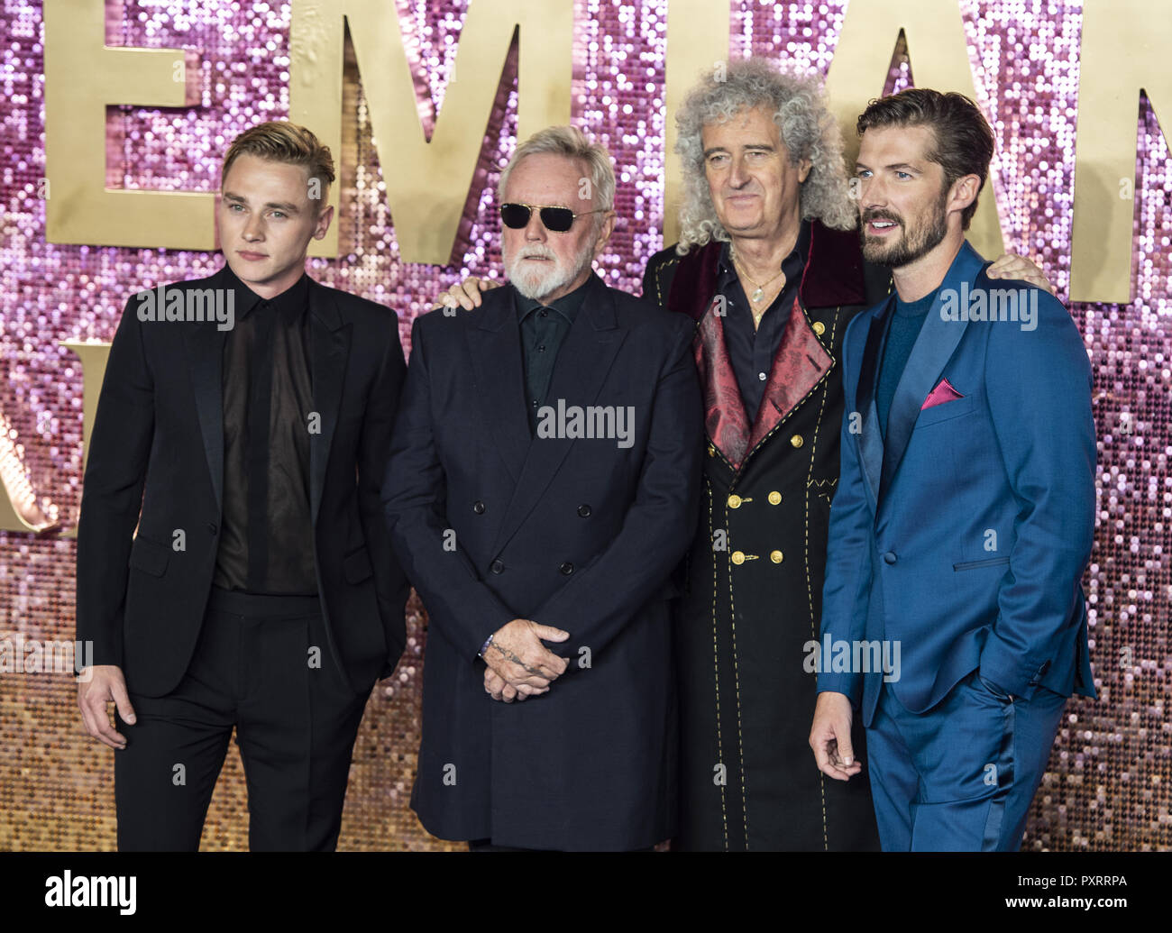 London UK 23rd Oct 2018 L R Ben Hardy Roger Taylor Brian May london-uk-23rd-oct-2018-l-r-ben-hardy-roger-taylor-brian-may
