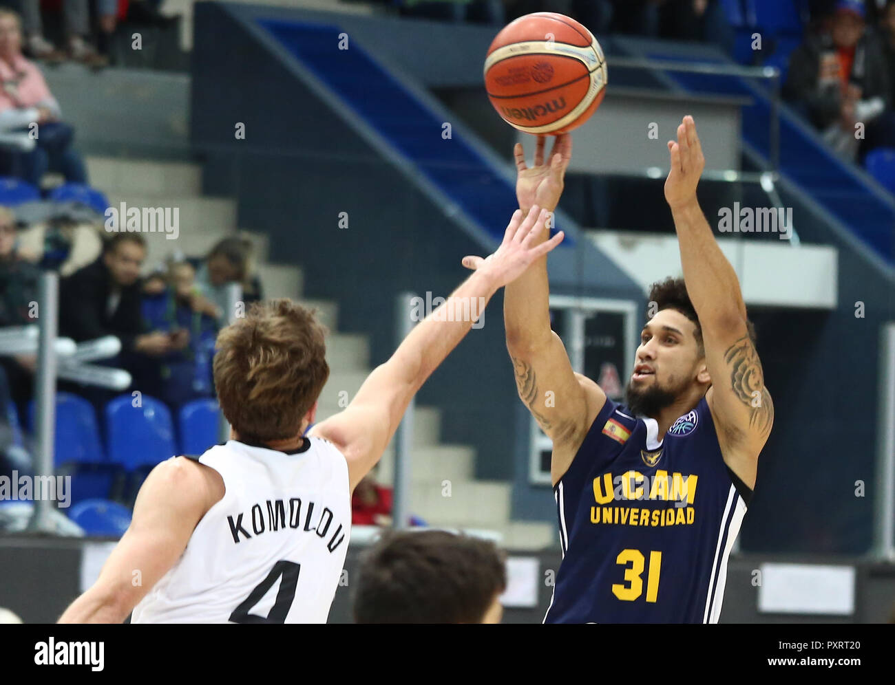 Artem Komolov (BCNN) and Askia Booker (UCAM) seen in action during the  game. Basketball Champions League: BC Nizhny Novgorod (BCNN) from Russia vs  Ucam Murcia Club Baloncesto (UCAM) from Spain. The game