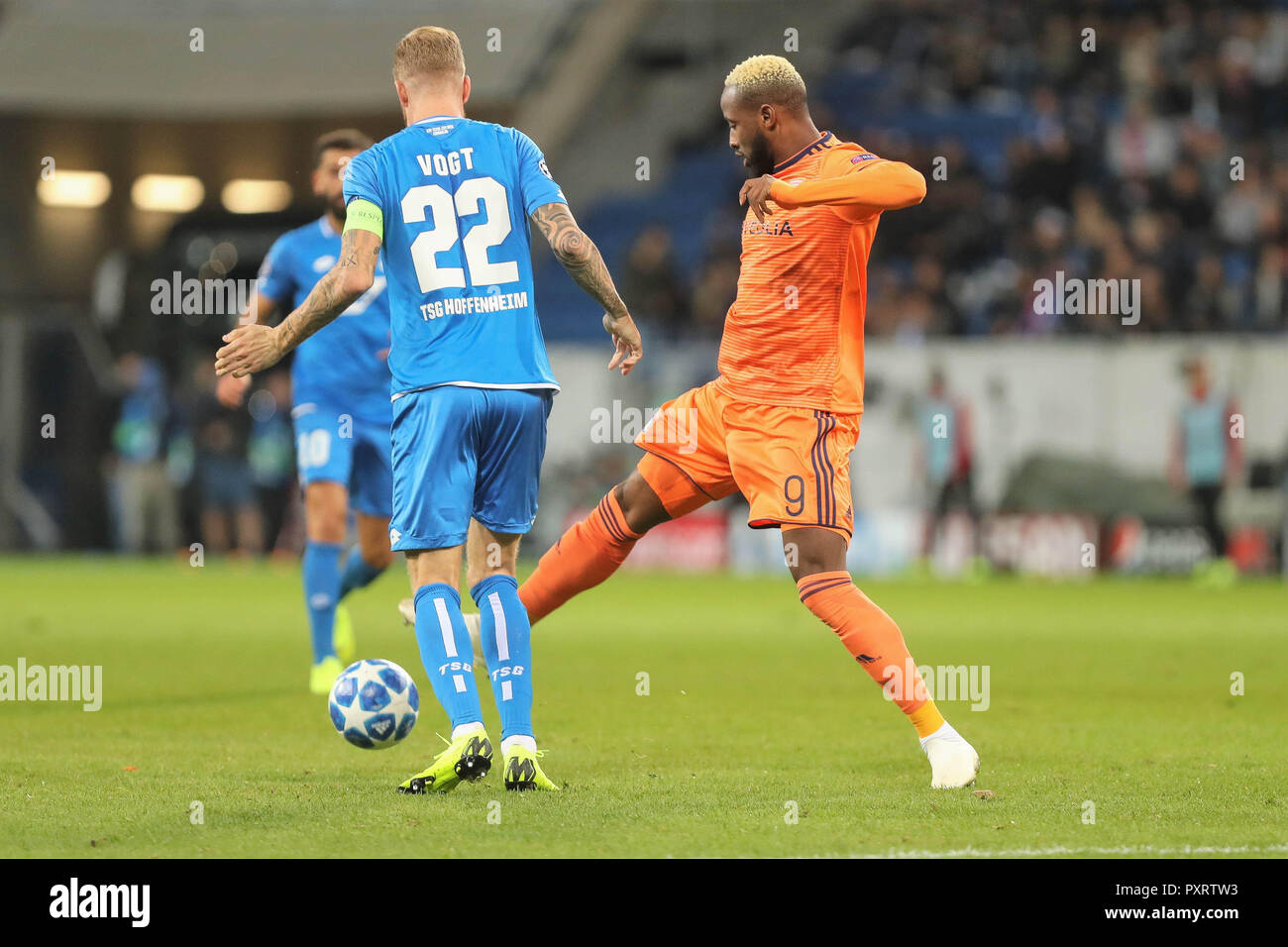 Sinsheim, Germany. 23rd Oct 2018. Moussa Dembele (Olympique Lyonnais) and Kevin Vogt (Hoffeinheim) during the UEFA Champions League, Group F football match between TSG 1899 Hoffenheim and Olympique Lyonnais on October 23, 2018 at Rhein-Neckar-Arena in Sinsheim, Germany - Photo Laurent Lairys / DPPI Credit: Laurent Lairys/Agence Locevaphotos/Alamy Live News Stock Photo