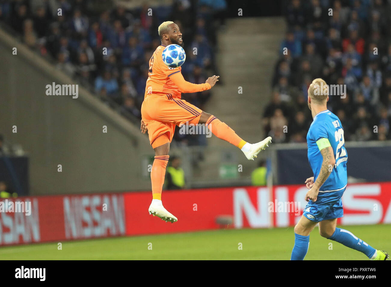 Sinsheim, Germany. 23rd Oct 2018. Moussa Dembele (Olympique Lyonnais) and Kevin Vogt (Hoffeinheim) during the UEFA Champions League, Group F football match between TSG 1899 Hoffenheim and Olympique Lyonnais on October 23, 2018 at Rhein-Neckar-Arena in Sinsheim, Germany - Photo Laurent Lairys / DPPI Credit: Laurent Lairys/Agence Locevaphotos/Alamy Live News Stock Photo