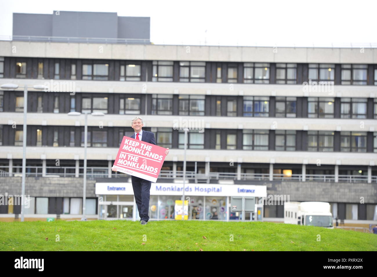 Glasgow, UK. 24th October 2018, Airdrie, Glasgow, UK. 'Keep The Monklands In The Monklands'.  Richard Leonard - Leader of the Scottish Labour Party pictured in front of University Monklands Hospital in a bid to commit to keeping the NHS Lanarkshire Trust hospital in the Monklands community. Credit: Colin Fisher/Alamy Live News Stock Photo