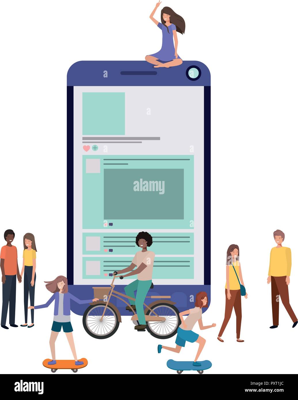 screen with people around smiling avatar character Stock Vector