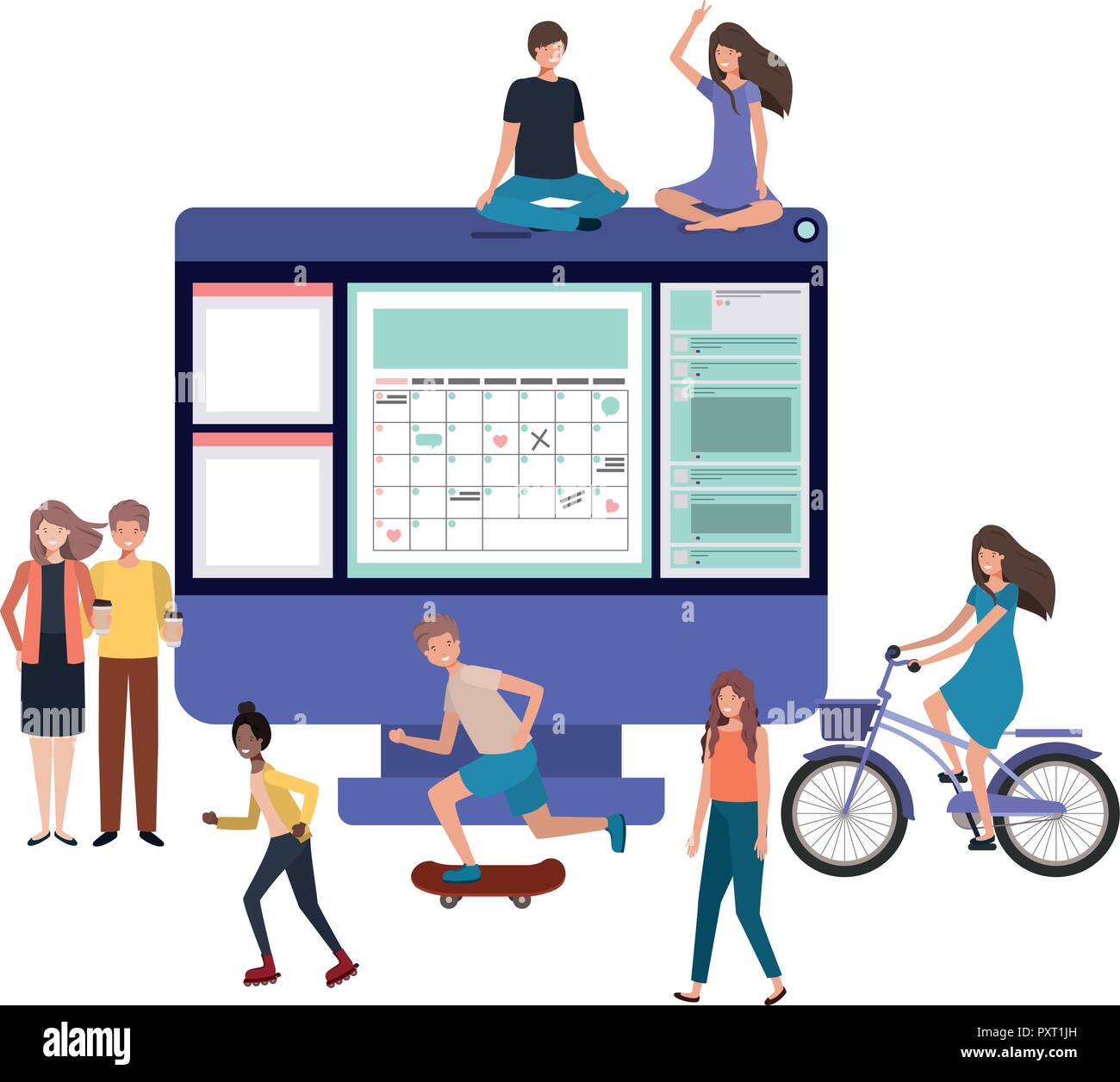 screen with people around smiling avatar character Stock Vector