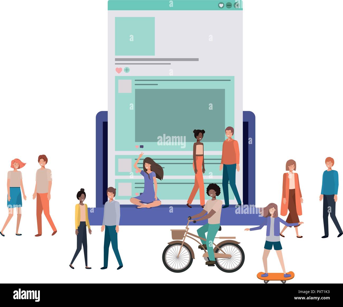 screen with people around smiling avatar character Stock Vector