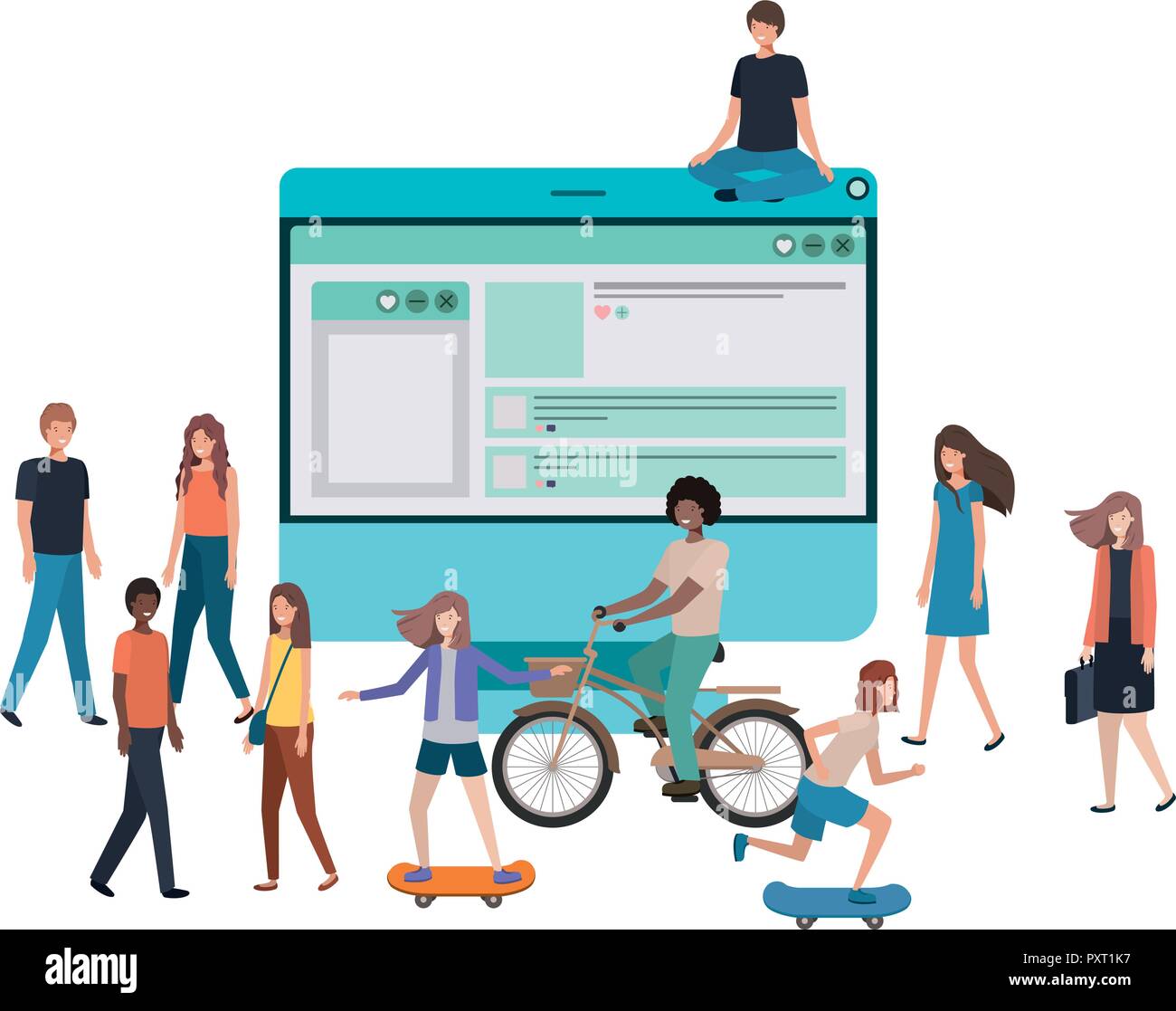 screen with people around smiling avatar character Stock Vector