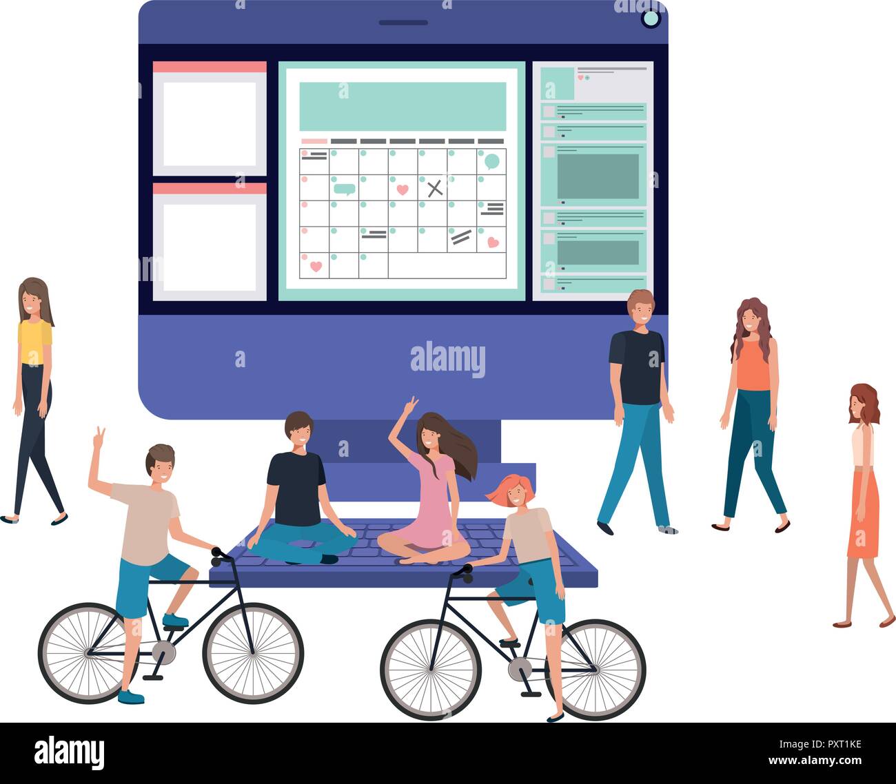 screen with people around smiling avatar character Stock Vector
