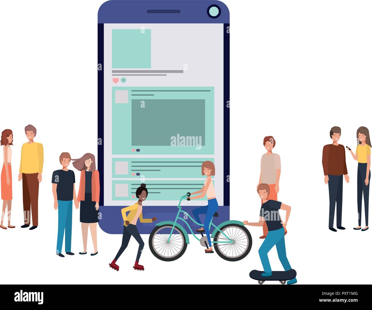 screen with people around smiling avatar character Stock Vector