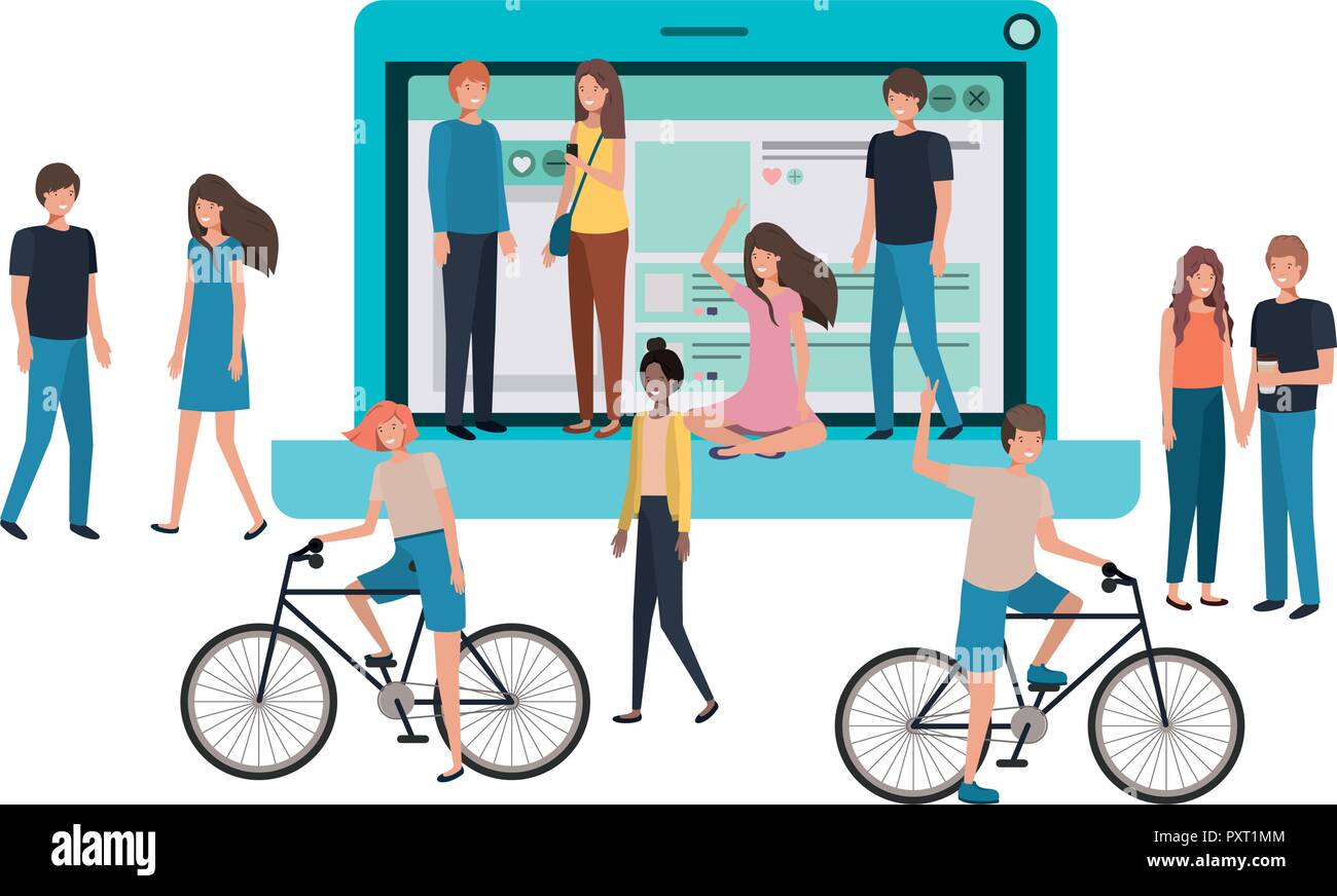 screen with people around smiling avatar character Stock Vector