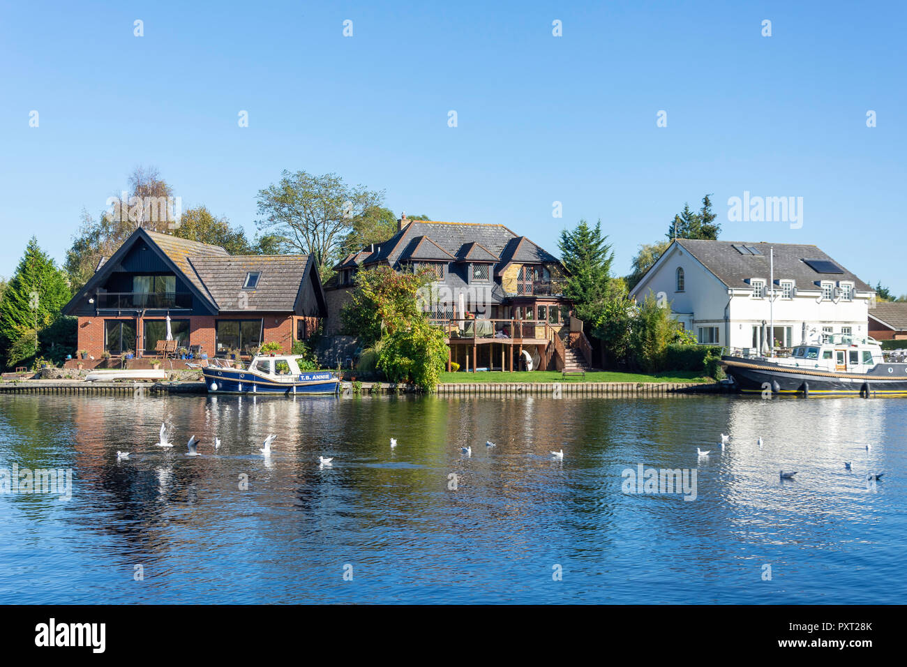 Riverside houses on bank of River Thames, Runnymede, Surrey, England, United Kingdom Stock Photo