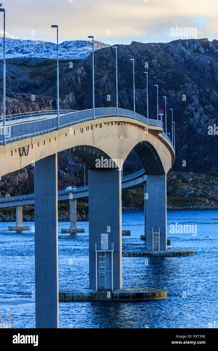 single track sommaroy bridge, landscape images taken on Kvaloya island Troms municipality, Near Tromso norway Stock Photo