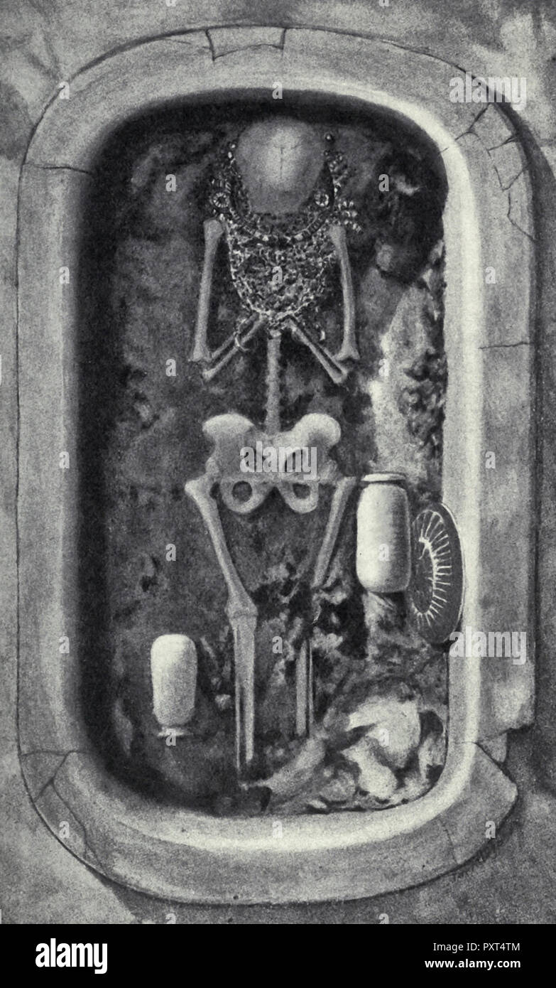 Achaemenian Bronze Sepulchre at Susa - Showing position of skeleton, jewelry, alabaster jars, and silver patera Stock Photo
