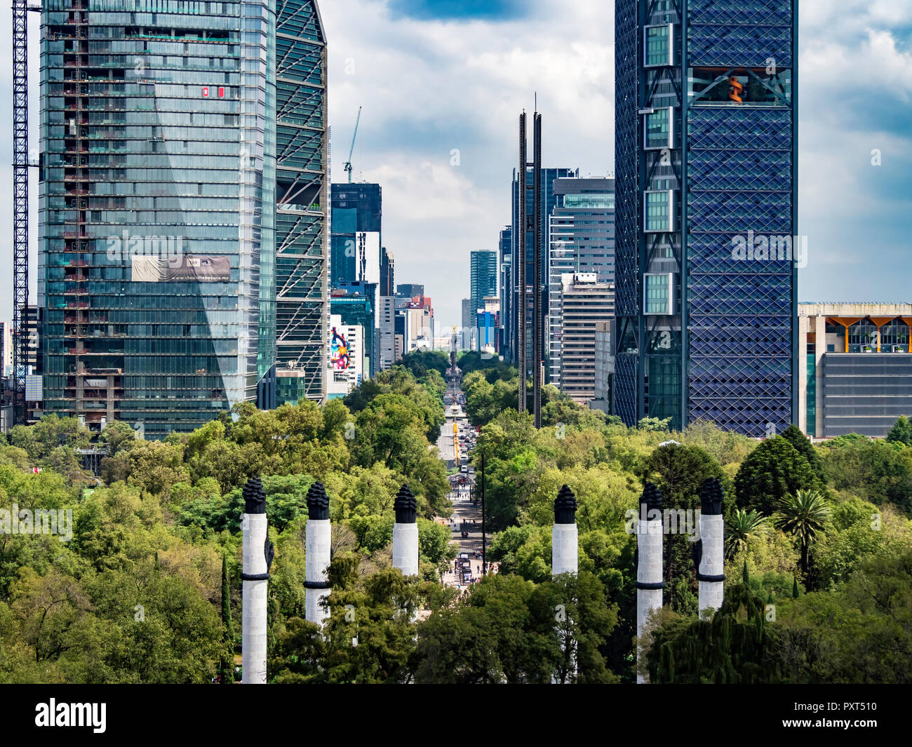 View of Paseo de la Reforma nested between skyscrappers in Mexico City Stock Photo