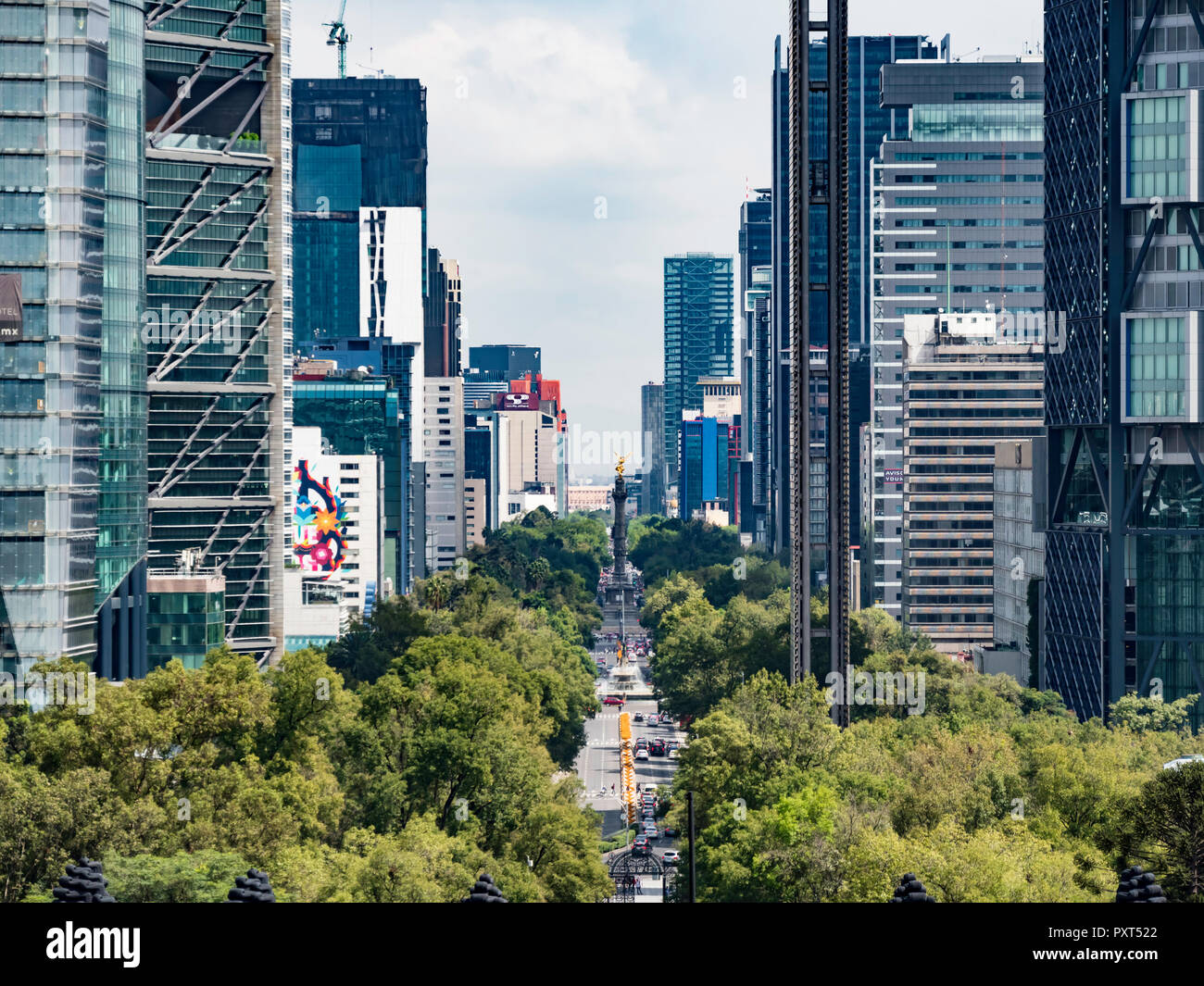 View of Paseo de la Reforma nested between skyscrappers in Mexico City Stock Photo
